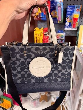 Coach Dempsey  Navy Signature Satchel with Cream Trim